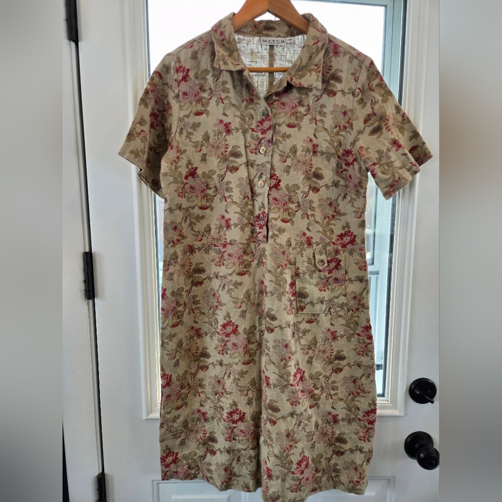 Match Floral Patterned Linen Cotton Blend Dress Women's Medium. Made In USA